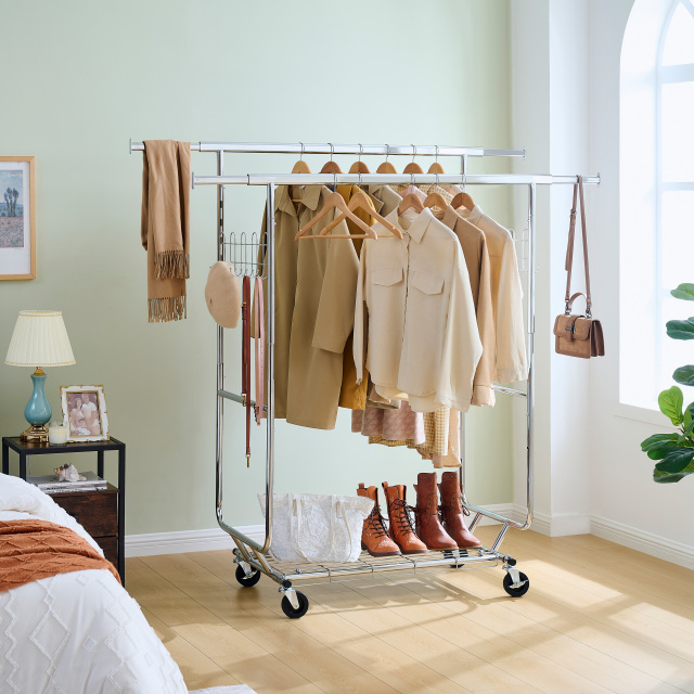 Double Clothing Garment Rack with Shelves Capacity 800lbs Clothing Racks on Wheels Rolling Clothes Rack for Hanging Clothes Heavy Duty Portable Collapsible Commercial Garment Rack,DJSG208C
