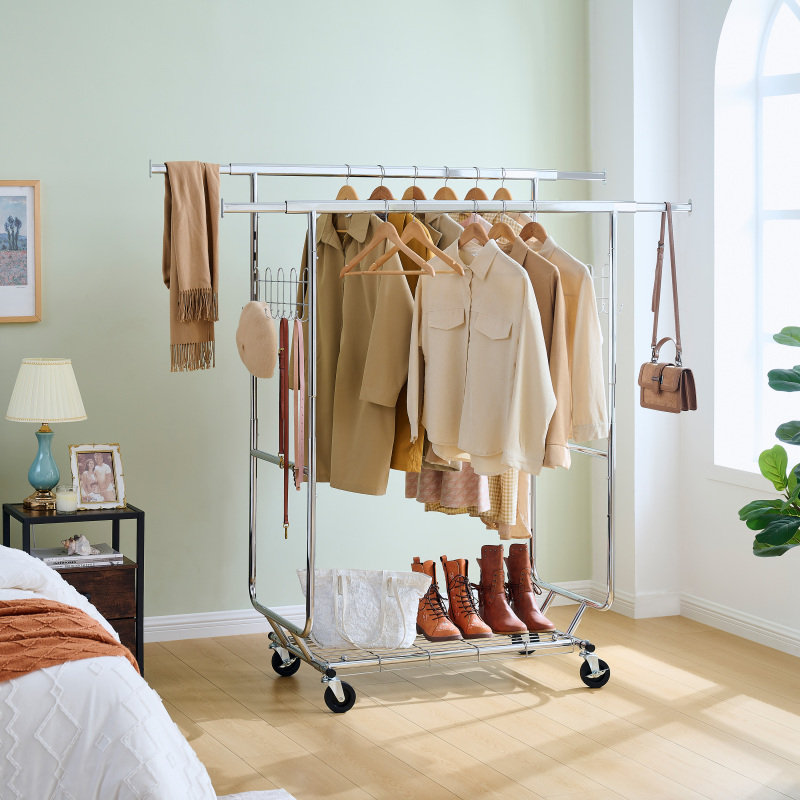 Double Clothing Garment Rack with Shelves Capacity 800lbs Clothing Racks on Wheels Rolling Clothes Rack for Hanging Clothes Heavy Duty Portable Collapsible Commercial Garment Rack,DJSG208C
