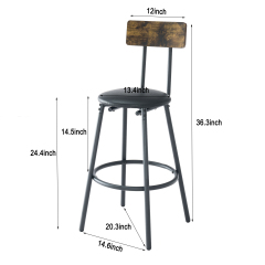 Round bar table and stool set with shelf, upholstered stool with backrest, Rustic Brown, 24.17"W x 24.17"D x 36.02"H,DJBZ002B