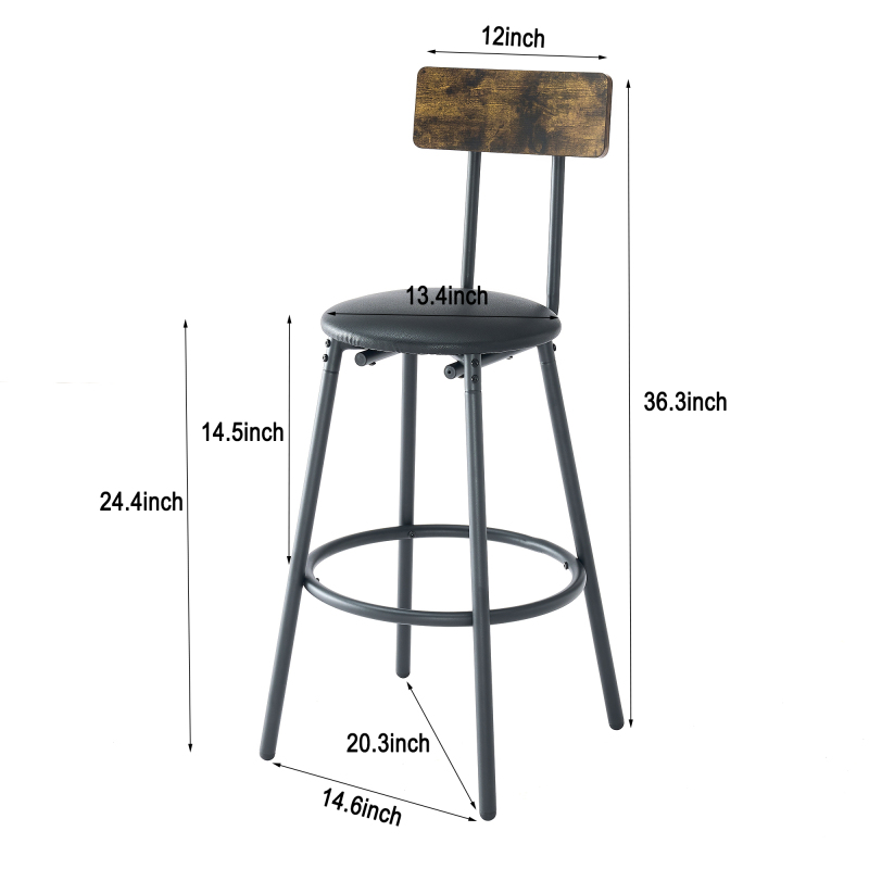 Round bar table and stool set with shelf, upholstered stool with backrest, Rustic Brown, 24.17"W x 24.17"D x 36.02"H,DJBZ002B