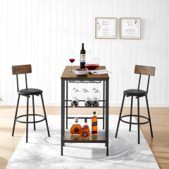 Round bar table and stool set with shelf, upholstered stool with backrest, Rustic Brown, 24.17"W x 24.17"D x 36.02"H,DJBZ002B