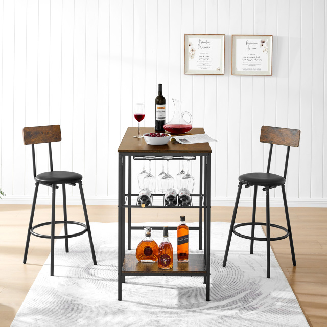 Round bar table and stool set with shelf, upholstered stool with backrest, Rustic Brown, 24.17"W x 24.17"D x 36.02"H,DJBZ002B