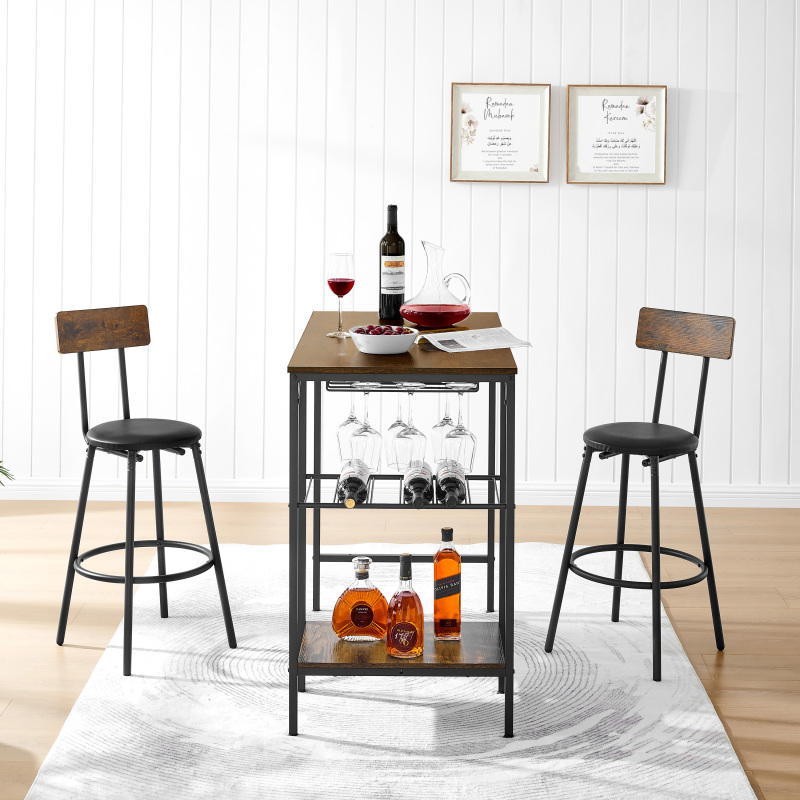 Round bar table and stool set with shelf, upholstered stool with backrest, Rustic Brown, 24.17"W x 24.17"D x 36.02"H,DJBZ002B