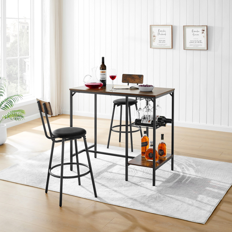 Round bar table and stool set with shelf, upholstered stool with backrest, Rustic Brown, 24.17"W x 24.17"D x 36.02"H,DJBZ002B