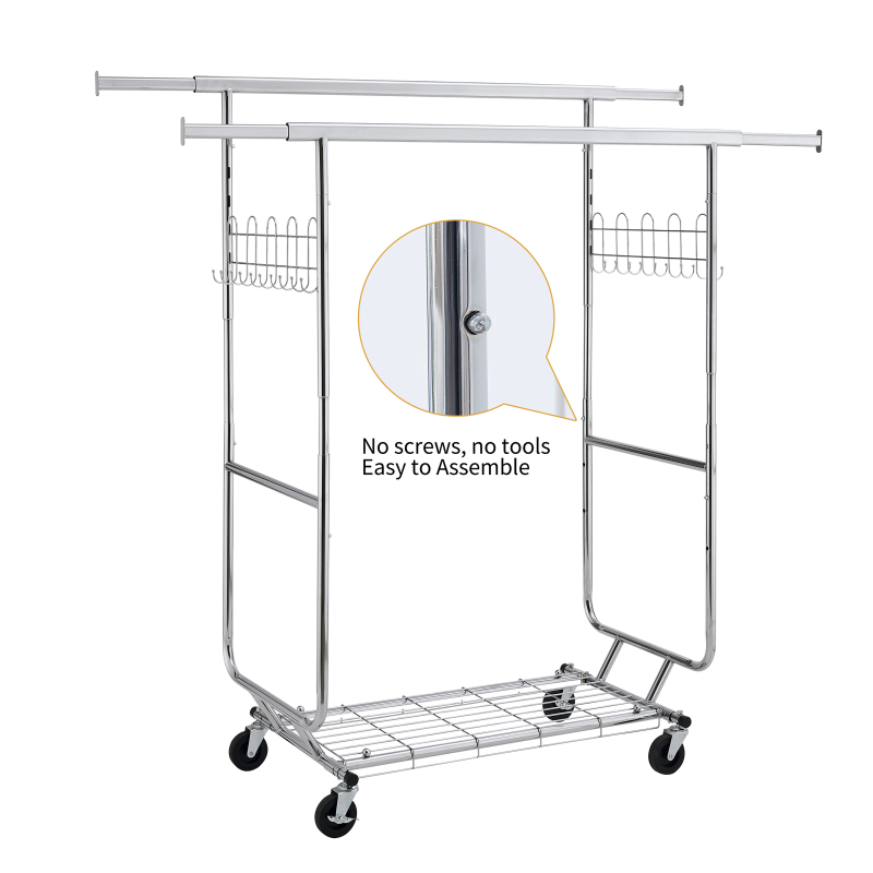 Double Clothing Garment Rack with Shelves Capacity 800lbs Clothing Racks on Wheels Rolling Clothes Rack for Hanging Clothes Heavy Duty Portable Collapsible Commercial Garment Rack,DJSG208C