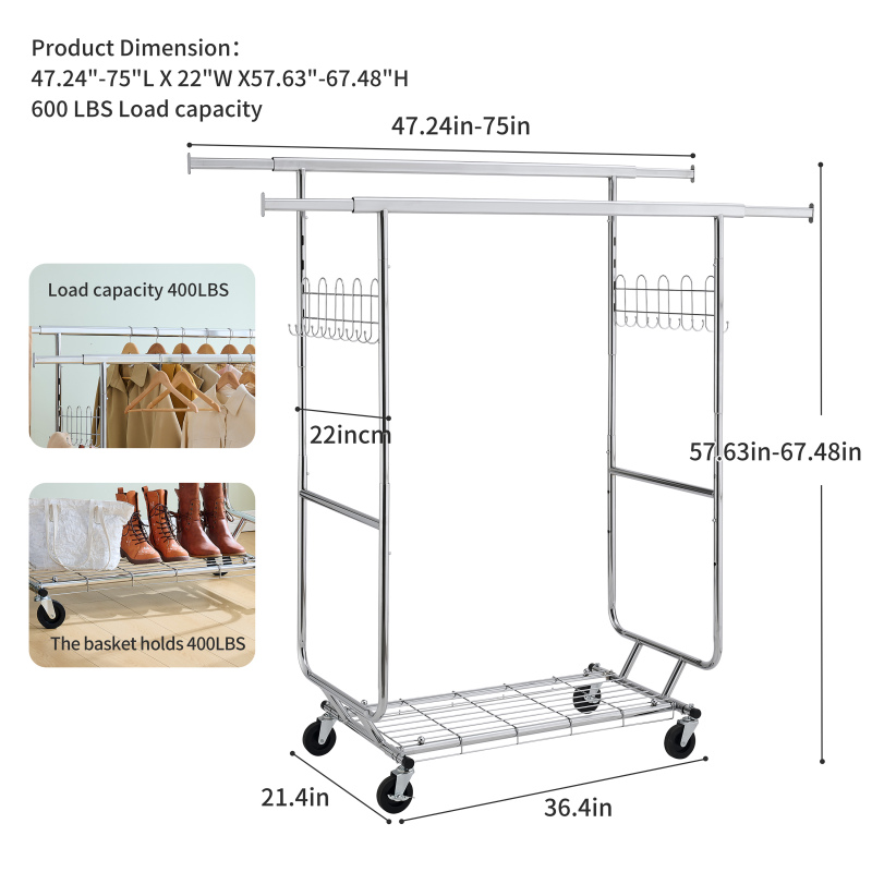 Double Clothing Garment Rack with Shelves Capacity 800lbs Clothing Racks on Wheels Rolling Clothes Rack for Hanging Clothes Heavy Duty Portable Collapsible Commercial Garment Rack,DJSG208C