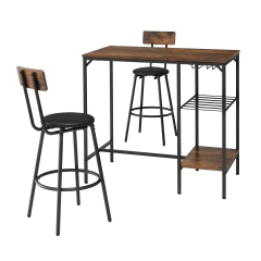 Round bar table and stool set with shelf, upholstered stool with backrest, Rustic Brown, 24.17"W x 24.17"D x 36.02"H,DJBZ002B