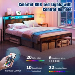 Full Size Metal Bed Frame with Headboard and Footboard, LED Lighting, Black Heavy Duty Mattress Foundation with Steel Slat Support, Noise Free,DJCF001B