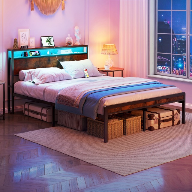 Full Size Metal Bed Frame with Headboard and Footboard, LED Lighting, Black Heavy Duty Mattress Foundation with Steel Slat Support, Noise Free,DJCF001B