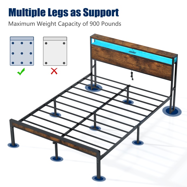 Full Size Metal Bed Frame with Headboard and Footboard, LED Lighting, Black Heavy Duty Mattress Foundation with Steel Slat Support, Noise Free,DJCF001B