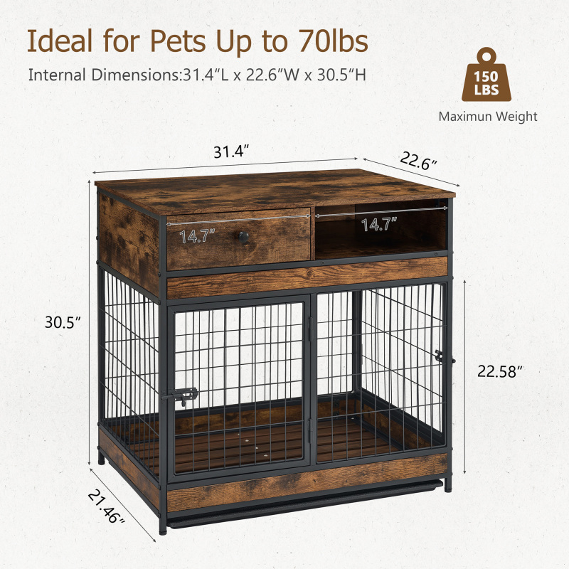 Furniture Dog Cage Crate with Double Doors ,Rustic Brown,31.5"WX22.64"DX30.59"H,DJGL0001B