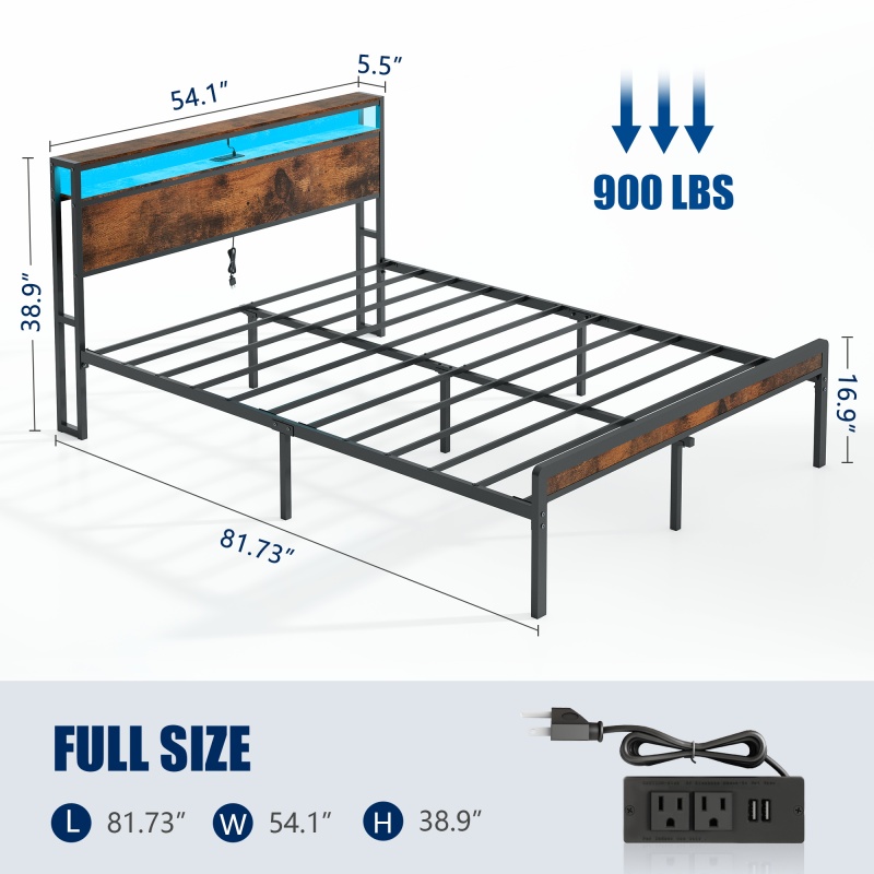 Full Size Metal Bed Frame with Headboard and Footboard, LED Lighting, Black Heavy Duty Mattress Foundation with Steel Slat Support, Noise Free,DJCF001B