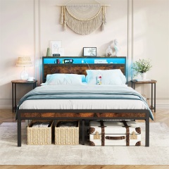 Full Size Metal Bed Frame with Headboard and Footboard, LED Lighting, Black Heavy Duty Mattress Foundation with Steel Slat Support, Noise Free,DJCF001B