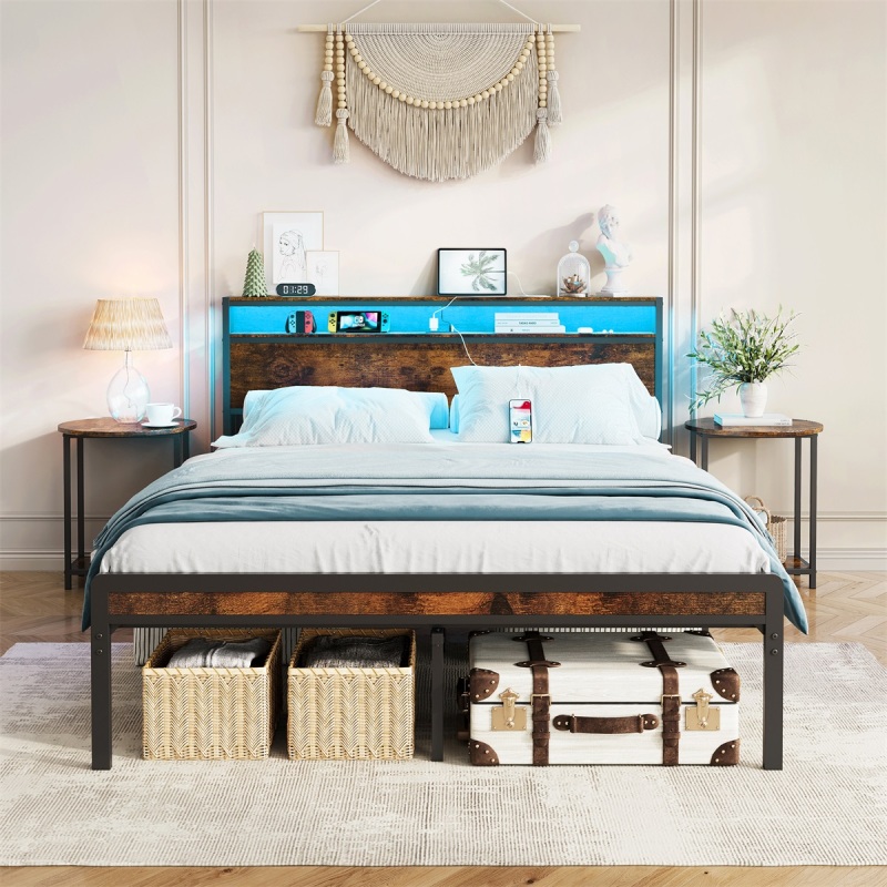 Full Size Metal Bed Frame with Headboard and Footboard, LED Lighting, Black Heavy Duty Mattress Foundation with Steel Slat Support, Noise Free,DJCF001B