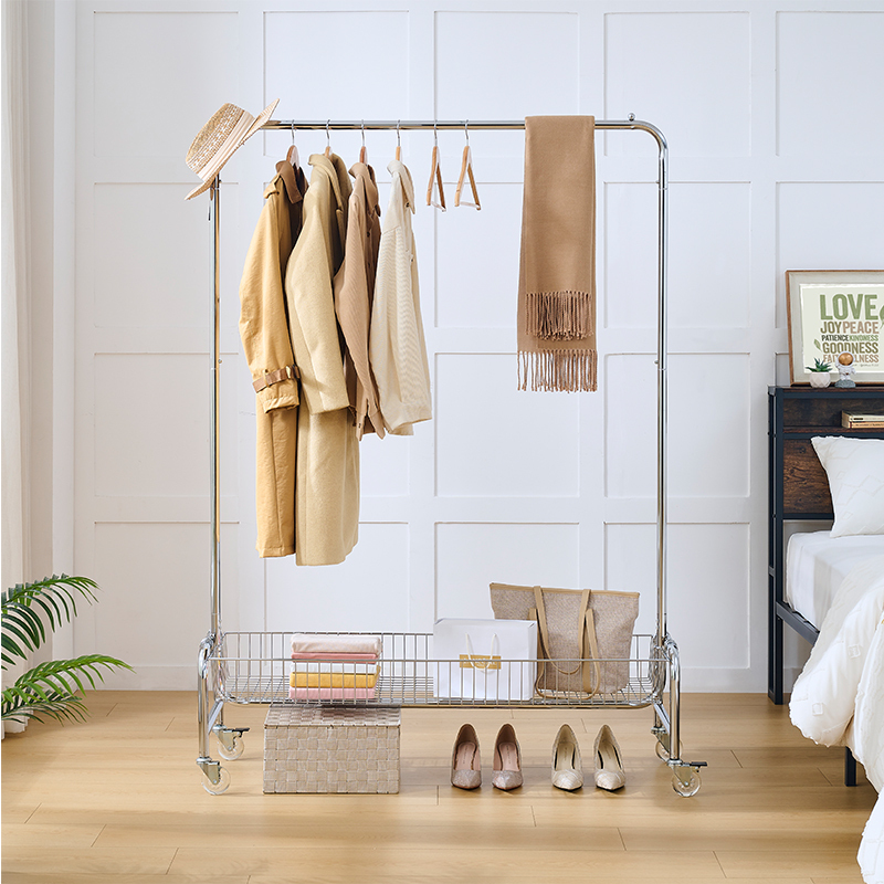 Garment Rack with Basket on Wheels Rolling Clothes Rack for Hanging Clothes Heavy Duty Garment Rack,2 pcs in one carton