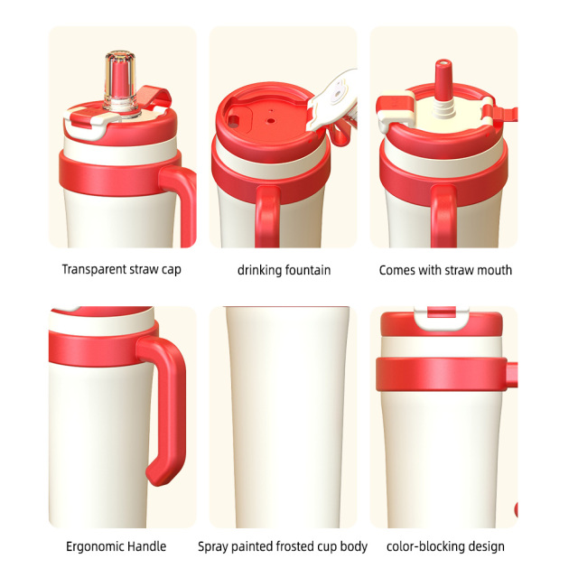 900ml/1200ml Cute Custom Logo Stainless Steel Travel Mug, Vacuum Thermos with Collapsible Handle & 2-in-1 Sip Lid for Office Daily Use