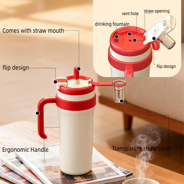 900ml/1200ml Cute Custom Logo Stainless Steel Travel Mug, Vacuum Thermos with Collapsible Handle & 2-in-1 Sip Lid for Office Daily Use