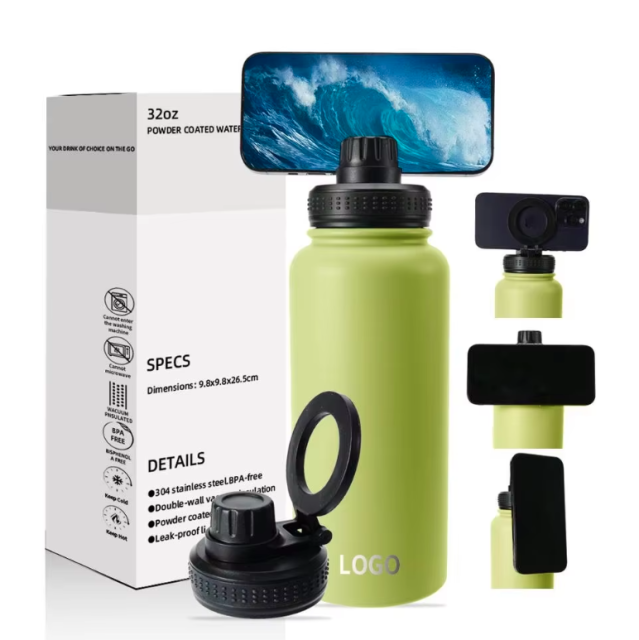 32oz/40oz Stainless Steel Gym Tumbler with Magnetic Phone Holder & Hole Handle, Classic Camping Sports Vacuum Insulated Water Bottle