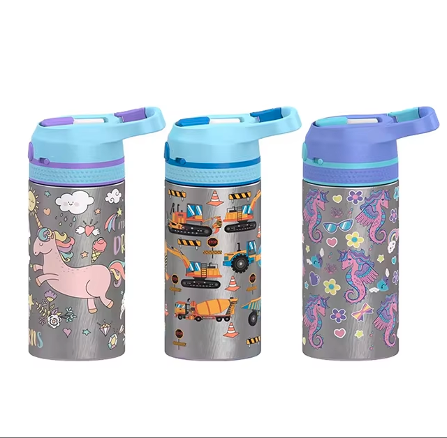 320ml New Custom Dual Lid Cartoon Design Stainless Steel Vacuum Thermos Water Bottle, Eco-Friendly Food Grade Flask with 12-24 Hours Hot & Cold Thermal Insulation, Leakproof Reusable Bottle for Kids School Travel Daily Use