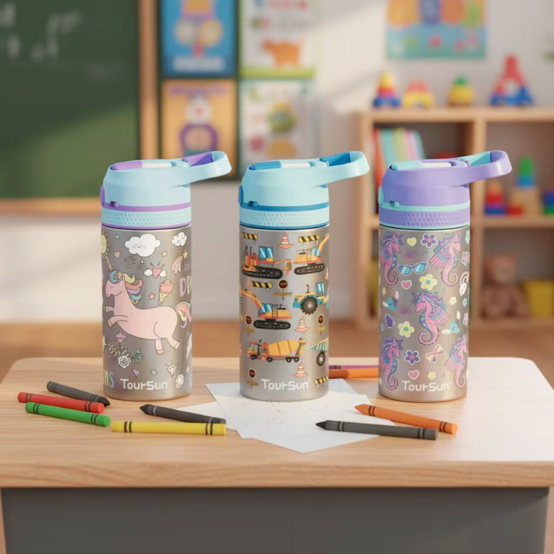 320ml New Custom Dual Lid Cartoon Design Stainless Steel Vacuum Thermos Water Bottle, Eco-Friendly Food Grade Flask with 12-24 Hours Hot & Cold Thermal Insulation, Leakproof Reusable Bottle for Kids School Travel Daily Use