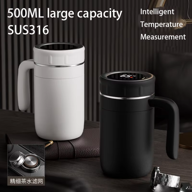 500ml Smart Temperature-Indicating Coffee Cup, Stainless Steel Thermos Cup with LED Digital Display, Reusable Heat & Cold Retention Thermal Mug