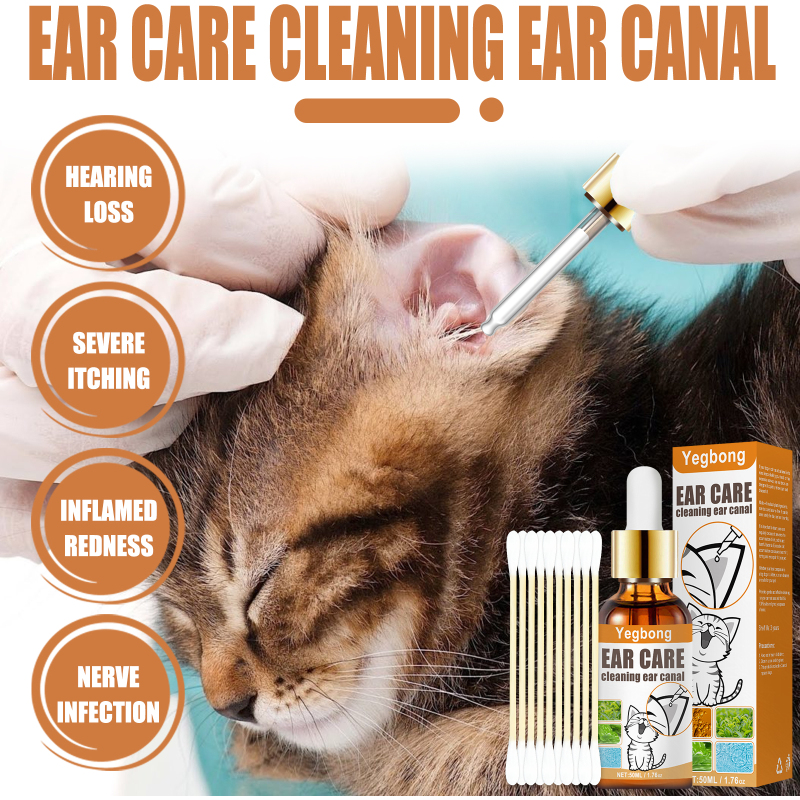 Yegbong pet ear cleansing liquid with cotton swabs, cats and dogs, ear mites, itching, cleansing ear drops, cleansing ear canals and deodorization