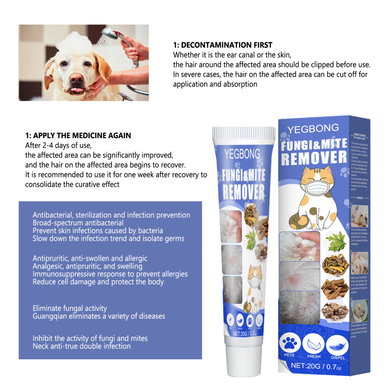 Yegbong Pet Mite Removal Cream Pet Dogs and Cats Skin Anti-Itch Removal Mite Removal Apply Care Cream for Pets, Dogs and Cats