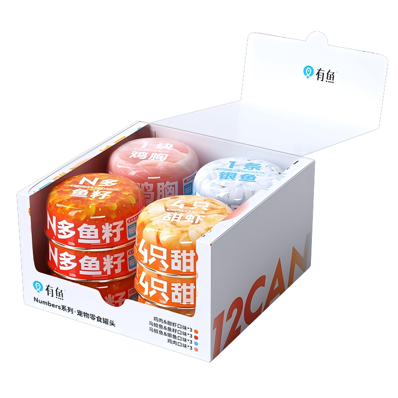 有魚numbers零食罐   4只甜蝦/1塊雞胸肉/N多魚籽/1條銀魚  12罐