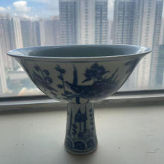 清道光細路粉彩四季花卉高足供碗明清瓷器古董收藏