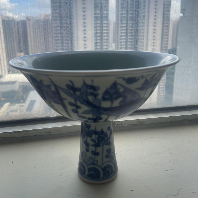 清道光細路粉彩四季花卉高足供碗明清瓷器古董收藏