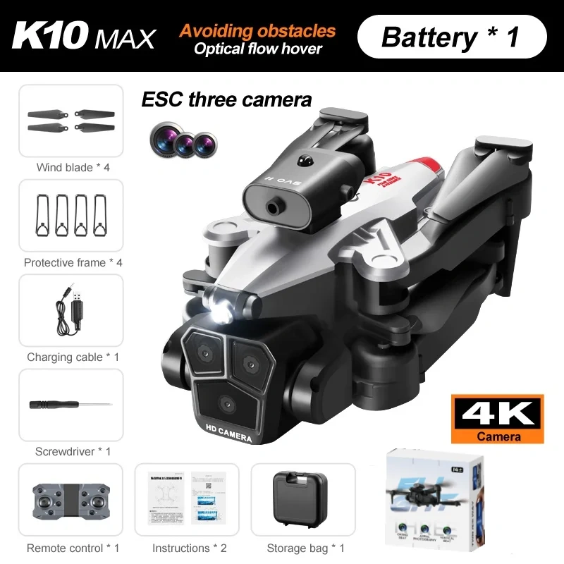 Professional Drone K10 4k Three Lens HD Aerial Photography WiFi 360° Aerial Stunt Optical Flow Obstacle Avoidance RC Drone Toy