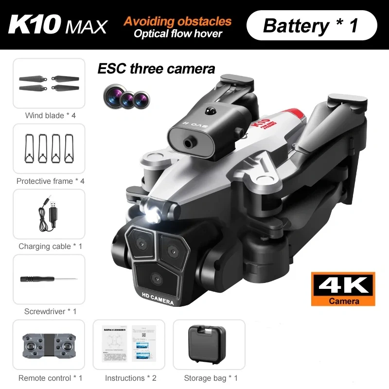 Professional Drone K10 4k Three Lens HD Aerial Photography WiFi 360° Aerial Stunt Optical Flow Obstacle Avoidance RC Drone Toy