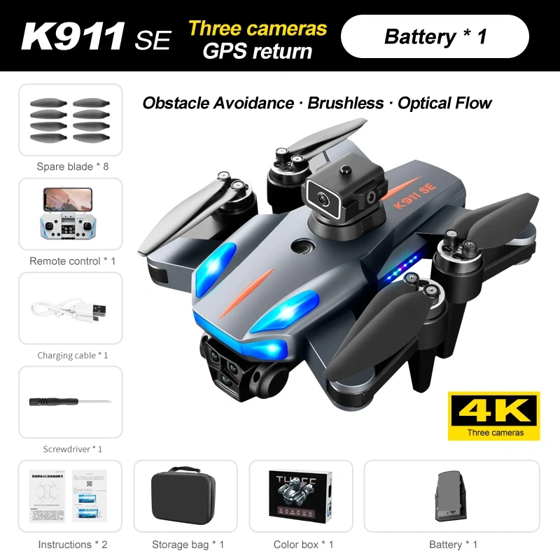 K911 SE Drone Long Endurance GPS Return Brushless Motor 4K HD Three Camera 360° Laser Obstacle Avoidance RC Quadcopter Drone Toy