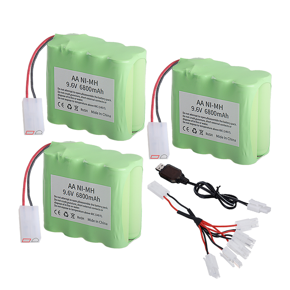 AA 9.6V NiMH Battery for RC Car Tank Train Robot Boat Gun RC Toys, Upgrade 6800Mah 9.6V Rechargeable Battery Pack With Tamiya Plug + 9.6V USB Charger