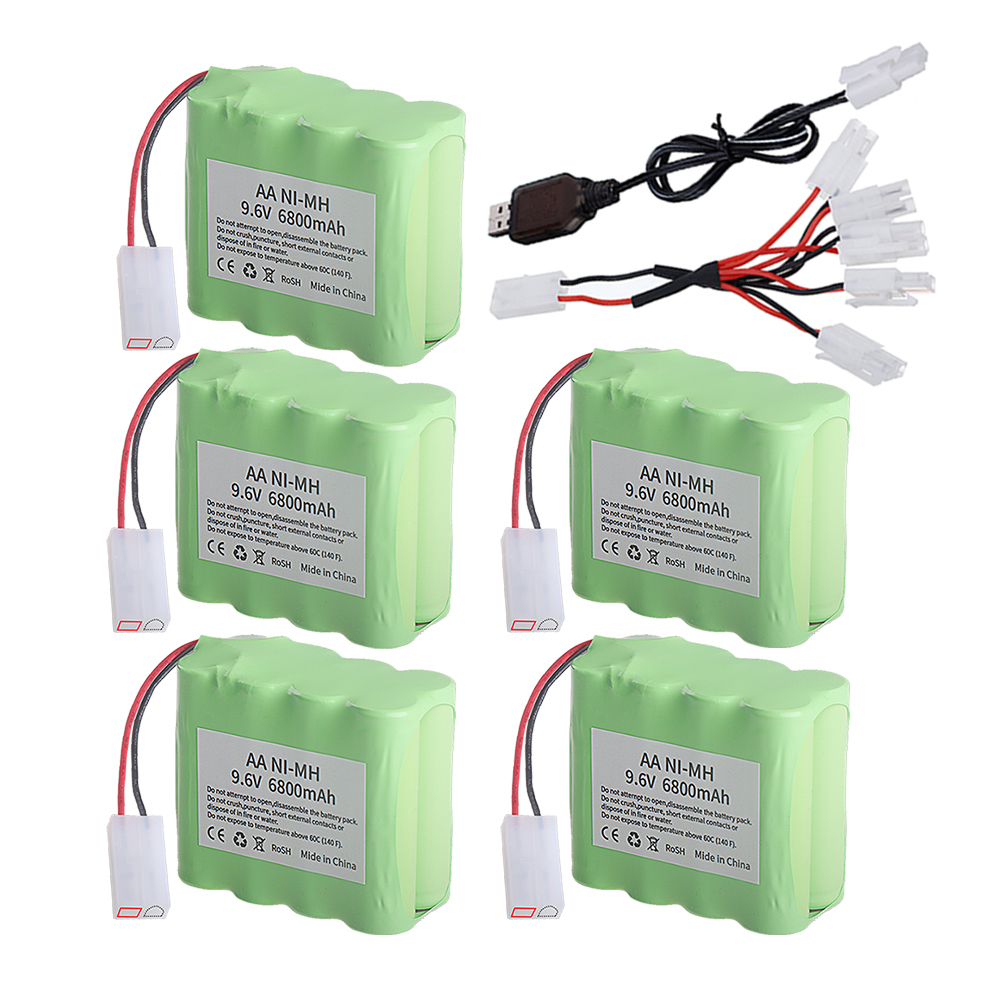 AA 9.6V NiMH Battery for RC Car Tank Train Robot Boat Gun RC Toys, Upgrade 6800Mah 9.6V Rechargeable Battery Pack With Tamiya Plug + 9.6V USB Charger