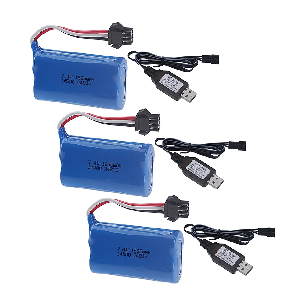 14500 7.4V 1600mAh Li-ion Battery SM-3P Plug For Remote Control water bullet gun Toys RC Parts 2S 7.4V Battery and USB Charger