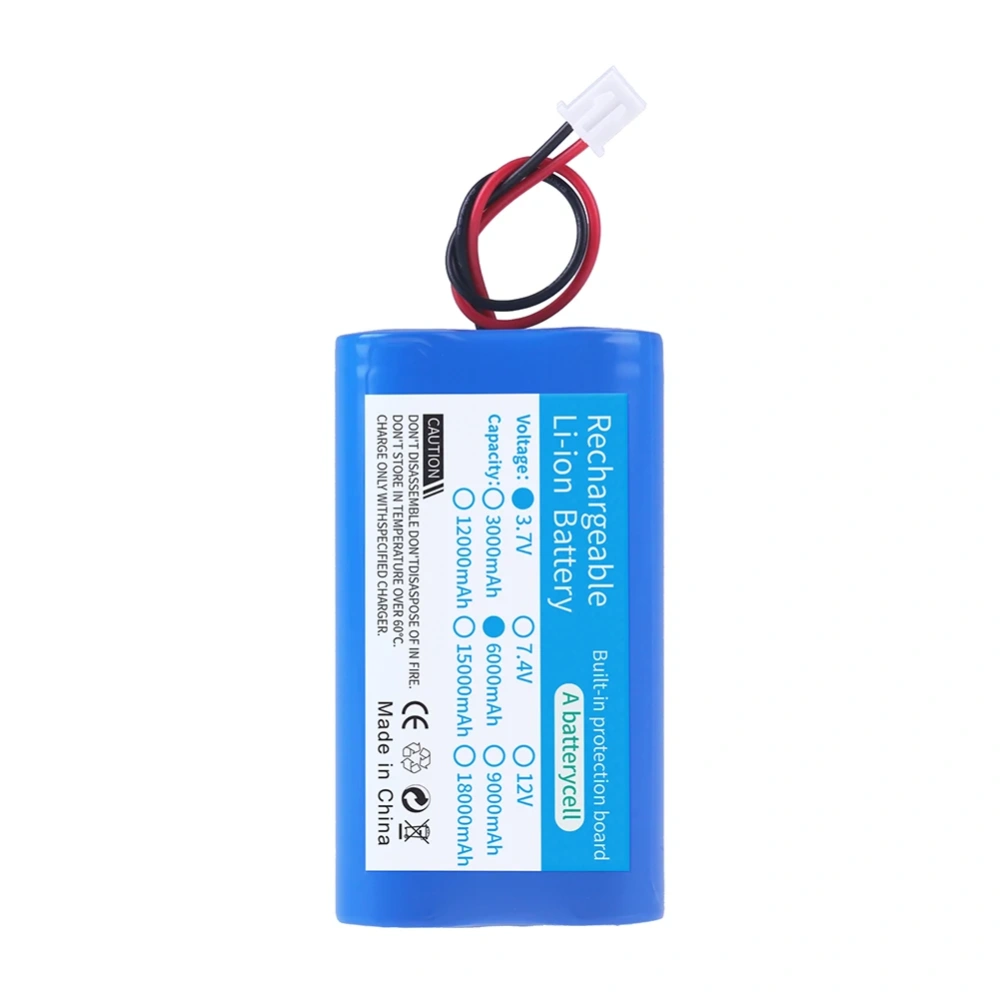 Lithium Battery 3.7V 18650 with XH2.54-2P Plug 1S2P 6000mAh Rechargeable battery For Fishing LED Lights, Bluetooth, Speaker