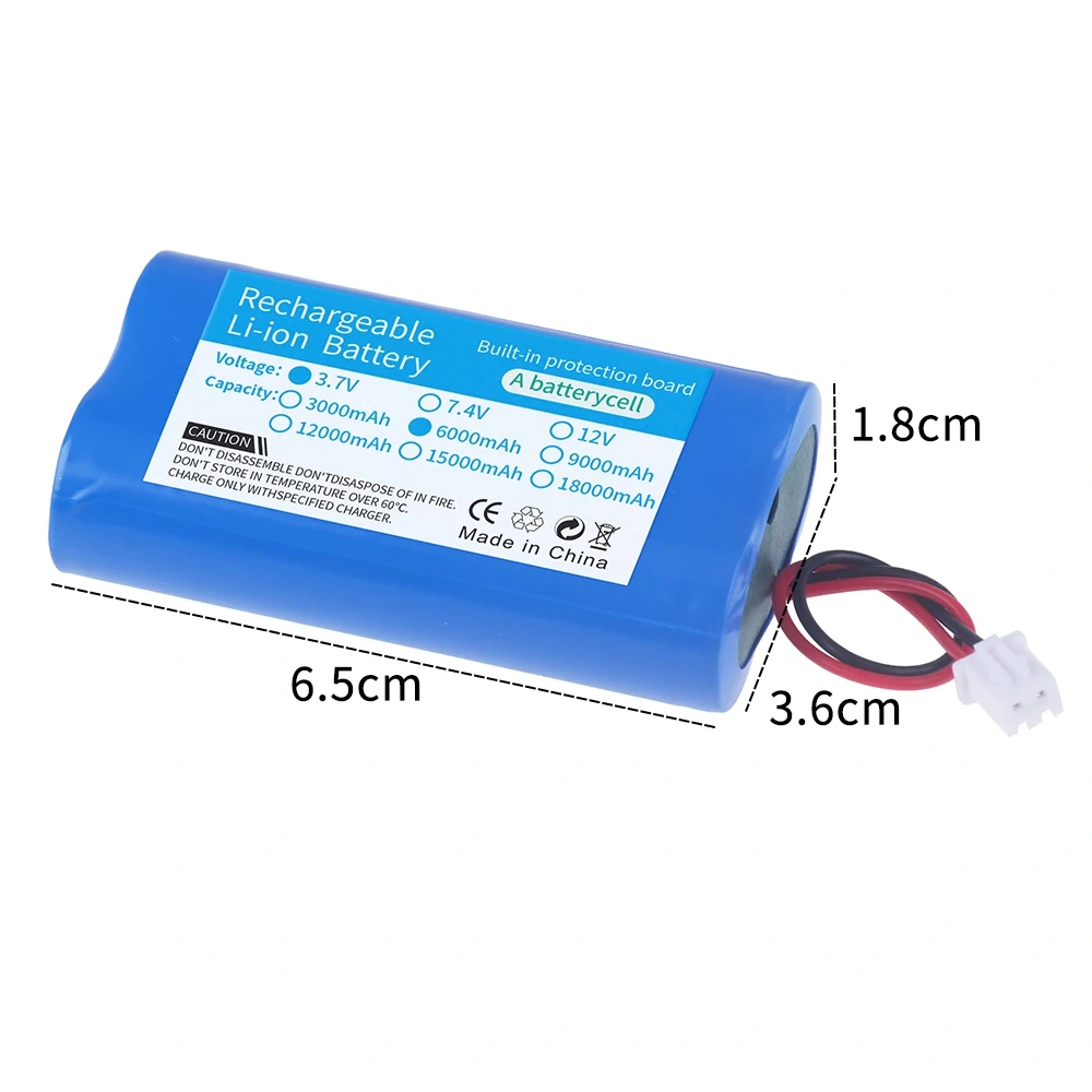 Lithium Battery 3.7V 18650 with XH2.54-2P Plug 6000mAh Rechargeable battery For Fishing LED Light Bluetooth Speaker Spare Parts