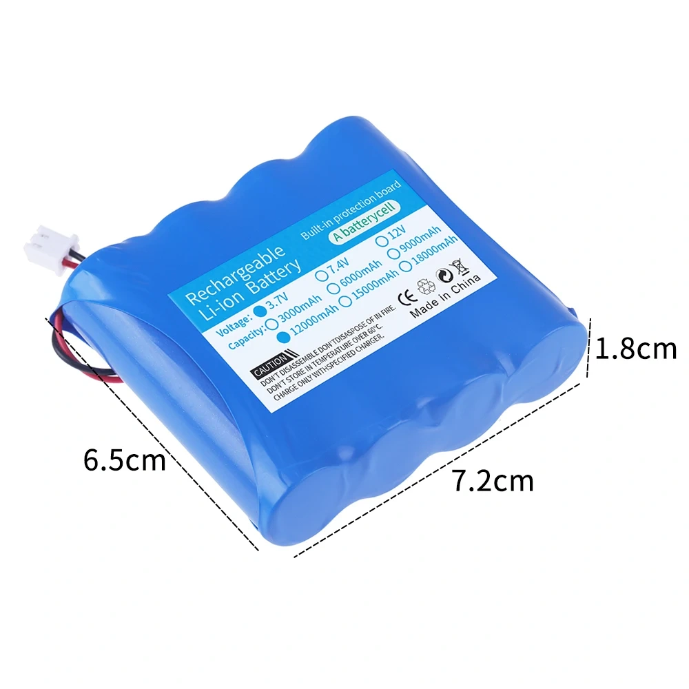 3.7V 12000mAh Rechargeable Battery Pack for Megaphone Speaker 1S4P 4.2V 18650 Lithium Battery with XH2.54 Plug An USB Charger