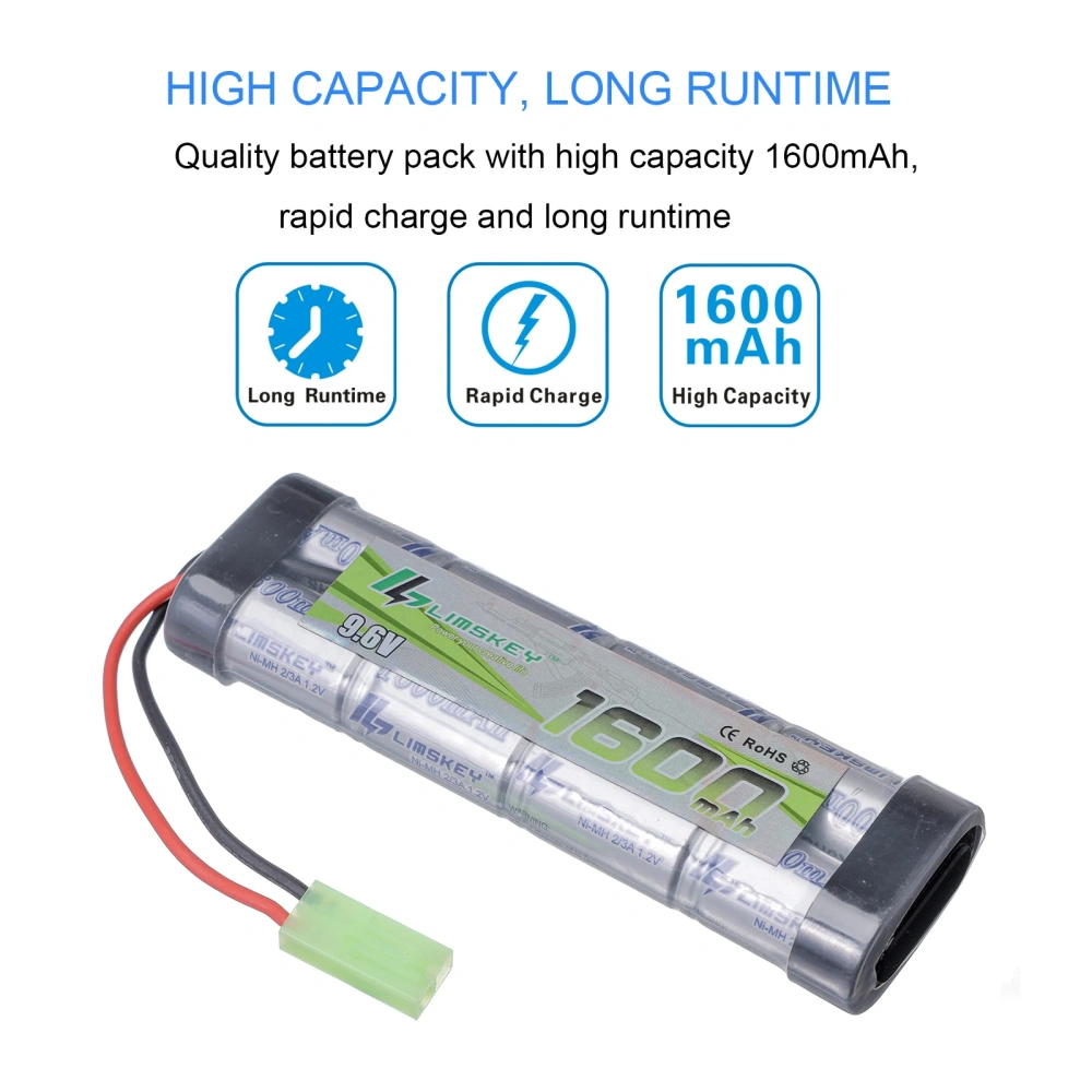 Limskey 8S 2/3A 9.6v 1600mAh NiMH Flat Battery Pack with Mini Tamiya Connector for Airsoft Guns Mini AK series or modified AEG's