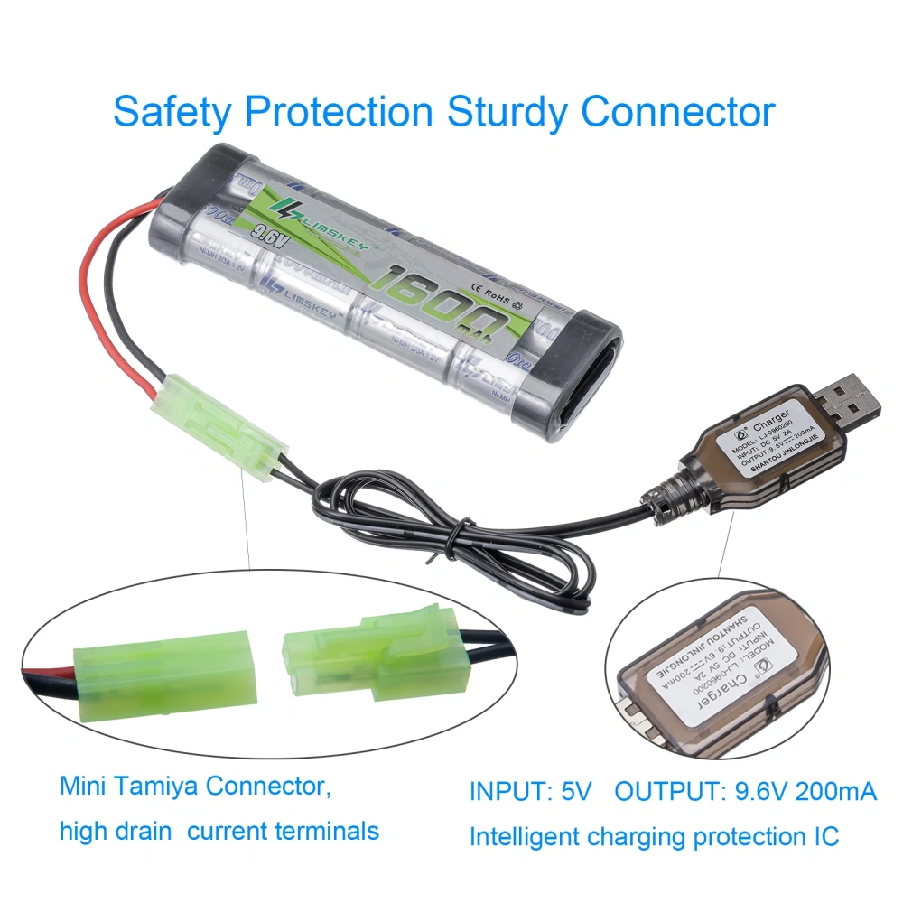 Limskey 8S 2/3A 9.6v 1600mAh NiMH Flat Battery Pack with Mini Tamiya Connector for Airsoft Guns Mini AK series or modified AEG's