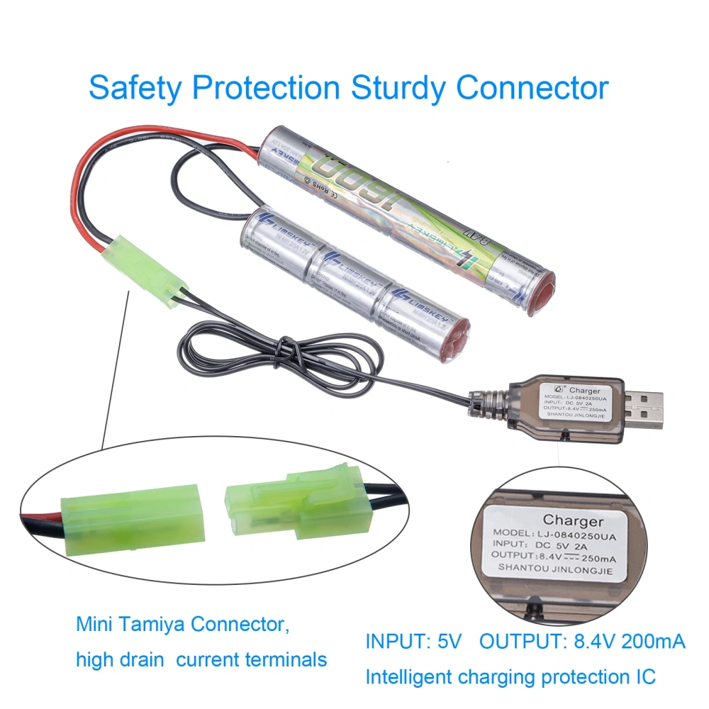 2pcs Limskey 2/3A 8.4v 1600mAh Butterfly Nunchuck NIMH Battery Pack with Mini Tamiya Connector for Airsoft Guns M110, SR25, M249