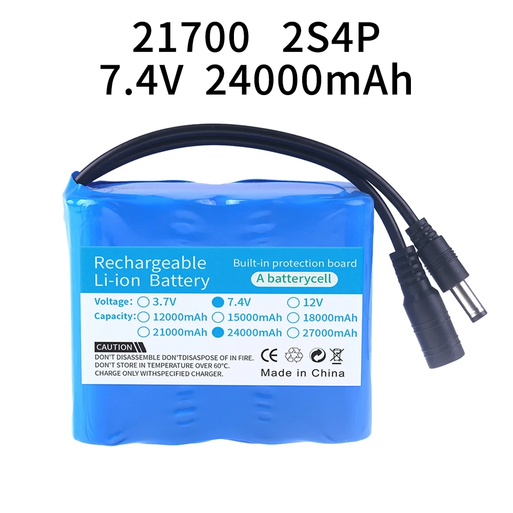 7.4V 24000mAh 21700 Lithium Battery Pack 2S4P for Fishing Bait Boat, Fishing LED Lights,Bicycle Lights, Large Capacity Battery