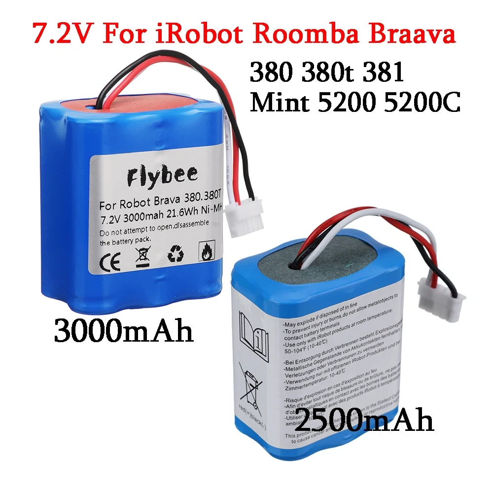 Upgrade 7.2V 2500mAh or 3000mAh Ni-MH Battery for irobot braava 380 380t 381 Mint 5200 5200C 7.2v Rechargeable battery 1/2Pcs