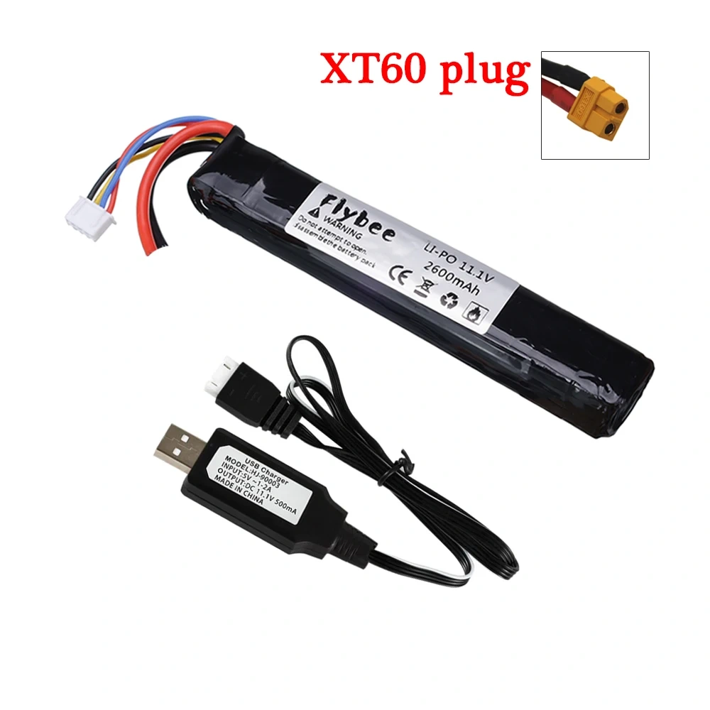 3S 11.1V 2600mAh LiPo battery For Water Gun Airsoft BB Air Pistol Electric Toys Guns Parts 11.1V Battery + USB Charger #125mm