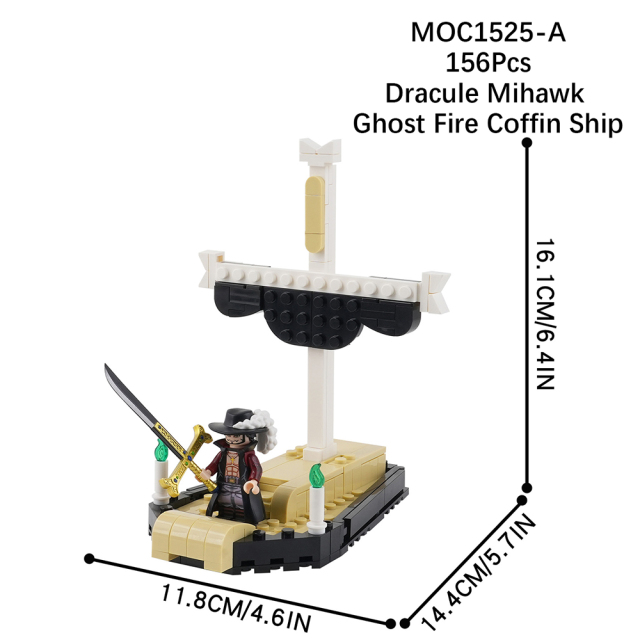 MOC1525 Japanese 1 Piece OP Dracule Mihawk Ghost Fire Coffin Ship Juguetes Building Blocks Children Educational Anime Kids Toys