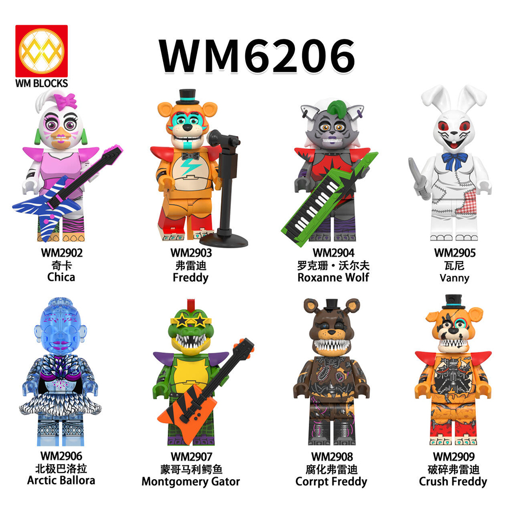 WM6206 FNAF Freddy Chica Roxanne Wolf Vanny Arctic Ballora Montgomery Gator mini figures juguetes mini toys building blocks sets Toys for kids