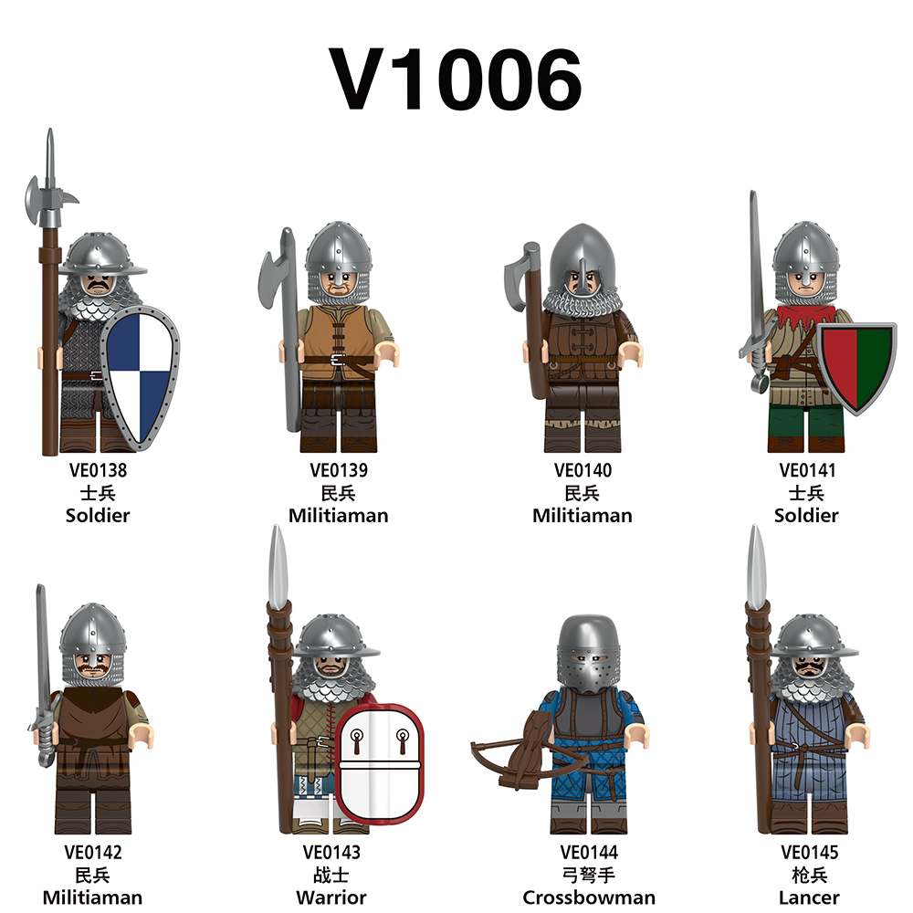 V1006  Medieval Military Soldier Mlilitiaman Warrior Crossbowman Lancer Minifigs Juguetes Building Blocks Education  Kid Toys