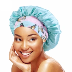 蝶と花のプリントが施されたサテンのボンネット、バンドハット、カーリーヘア用のサテンのヘアラップ