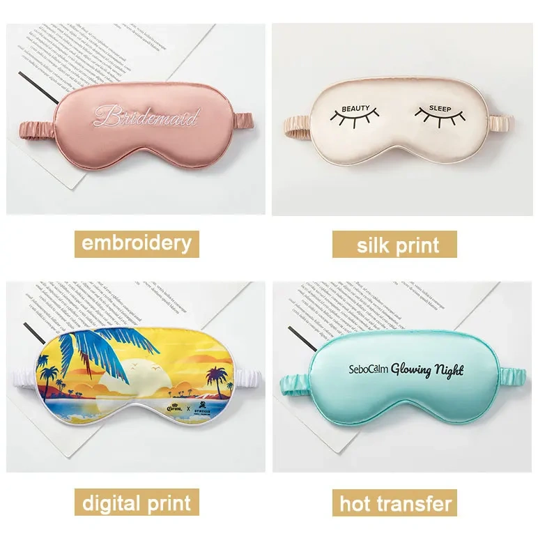 カスタムロゴデザイン刺繍デジタルプリント両面サテンシルクアイシェード無地睡眠用アイマスクカバー、ゴムバンド付き